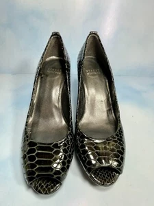 Stuart Weitzman Heels Leather Croc Snake Pattern Patent Peep Toe Pump Black 5.5 - Picture 1 of 6