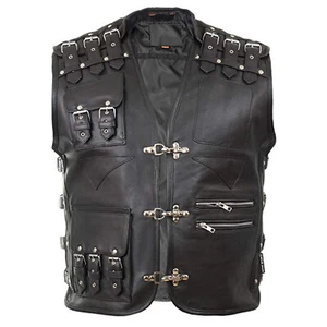 New Man's Black Buckled Biker Vest Genuine Cowhide Leather Vest Size (2XS-6XL) - Picture 1 of 5
