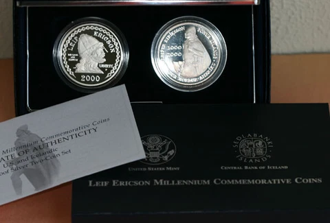2000 P Leif Ericson Millennium Proof Two-Coin Commemorative Set Coins Box & COA Cover