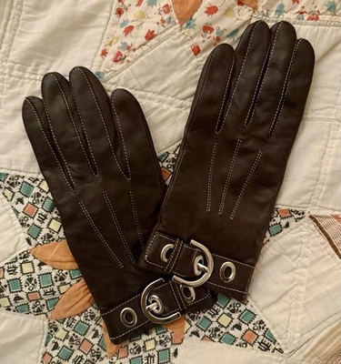 Guantes de cuero marrón Coach para mujer talla 6,5 forro de cachemir hebilla plateada moto Foto 1 de 4