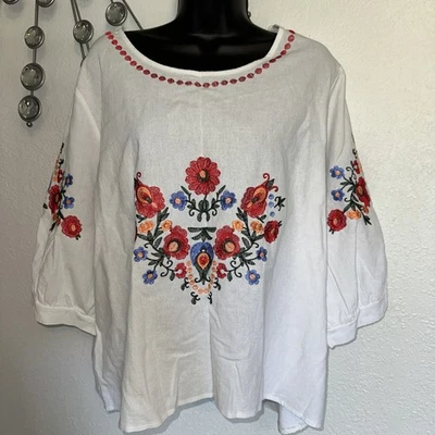 VTG White Blouse Floral embroidery hippie Boho Peasant Top Women’s Size XL - Image 1 of 4