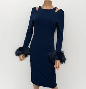 NWT Alice Olivia Navy Blue Cold Shoulder Cocktail Dress Size 8 Fur Cuffs $550 - Picture 1 of 17