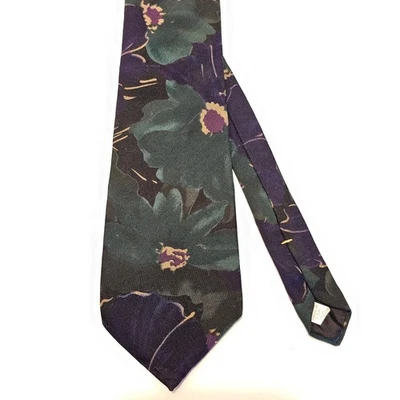 Mens Tie Floral Green Purple Print 90s Wembley Rayon Wool Blend Made in USA 62" - Image 1 of 4