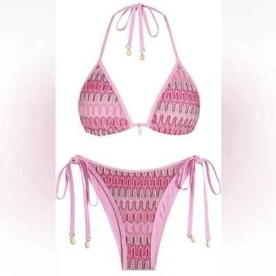 ZAFUL Conjunto de Bikini Mujer MEDIANO Conjunto de Dos Piezas Triángulo Halter Atado Rosa Descarado Foto 1 de 4