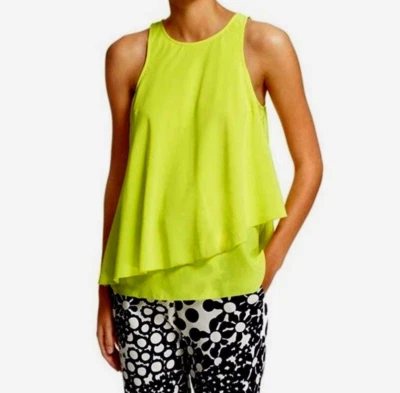 Blusa TRINA TURK Kesso en capas de seda sin mangas amarillo lima pequeña top neón NUEVA Foto 1 de 4