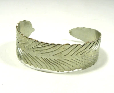 Silver Tone Metal Cuff Bangle Bracelet Leaf Feather Textured Oval - Image 1 of 4