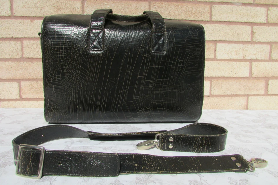 Marc Marmel Black Crackled Leather 8 Wine Bottles Carrier Travel Large Tote Bag - Image 1 of 4