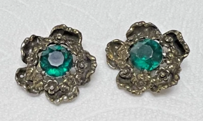 2 Vintage Metal Flowers w Green Rhinestone Center 1 Inch Very Detailed - Image 1 of 4