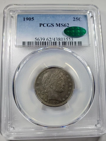1905 Barber Silver Quarter MS62 PCGS & CAC Cover