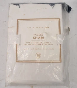 Pottery Barn Teen Tassel Sham Standard Size Bedding White w Navy Blue Tassels - Picture 1 of 4