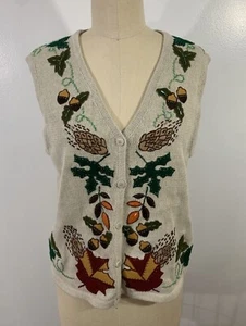 Fall Vest Embroidered Sweater Autumn Medium - Picture 1 of 9