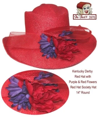 Kentucky Derby Sombrero Rojo con Flores Púrpuradas y Rojas Sombrero Rojo Sociedad Sombrero Usado Foto 1 de 3