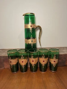 VTG TREFOUCHI MURANO ITALY BOHEMIAN GREEN GLASS GOLD FLOWERS PITCHER & 5 GOBLETS - Picture 1 of 16
