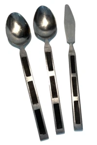 3 pc Stanley Roberts Stainless Japan Black Box Inlay Flatware 1 Knife 2 Spoon - Picture 1 of 7