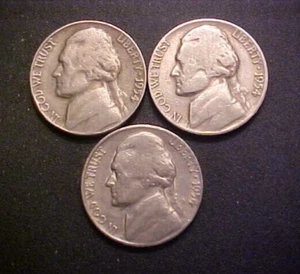 1954-PDS JEFFERSON NICKELS - 3 NICE CIRC COLLECTOR COINS!- c2204xcx - Picture 1 of 2