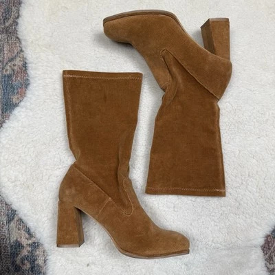 Sbicca Corduroy Chunky Heel Boots Mid Calf Tan 70s Hippie Vintage Collection - Image 1 of 4