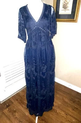 Vestido maxi Vanilla Bay tamanho M azul-petróleo escuro bordado renda gola V manga transparente boho - Imagem 1 de 4