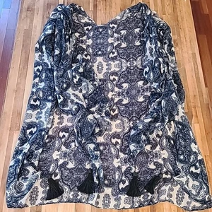 Großes Tuch Überwurf 34x51 Armlöcher Quasten breit lang marine creme Paisley - Bild 1 von 7