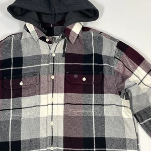 American Eagle Hooded Flannel Sz L Detachable Hood Shacket Plaid Button Up Shirt - Picture 1 of 7