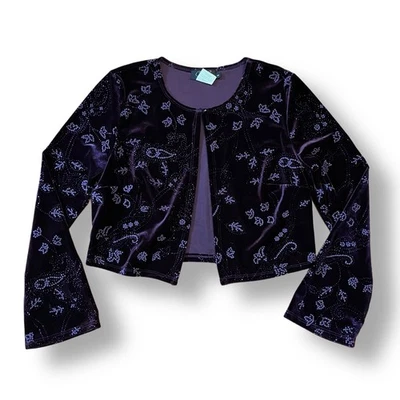 Vintage Purple Velvet Beaded Sparkle Single Button Cardigan Bolero Whimsygoth S - image 1 of 4