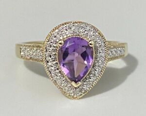 9K Solid Yellow Gold W/ Amethyst & Diamond Pear Shape Ring size P -  7 1/2