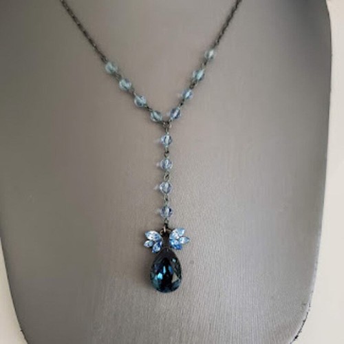 Collana donna vintage Givenchy ciondolo a goccia catena di perline art deco argento