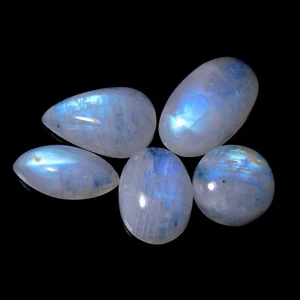 Natural Rainbow Moonstone Mix Shape Cabochon Loose Gemstone 5 Pcs 43 Carat Lot - Picture 1 of 3