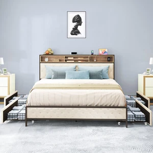 King/Queen Bed Frame Storage Platform w/Charging Station+Upholstered Headboard - Picture 1 of 9