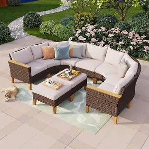 9-Pieces Patio Furniture Set Outdoor Sectional Sofa Rattan Wicker Sofa Set Beige - Picture 1 of 9
