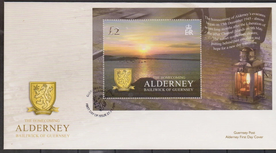 GB - ALDERNEY 2005 The Homecoming 50th Anniv/£2 Mini-Sheet SG MSA266 FDC LANTERN - Image 1 of 1