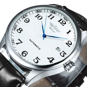 Fashion Automatic Mechanical Watch Men's Leather Strap White Dial Calendar Date - Picture 1 of 15