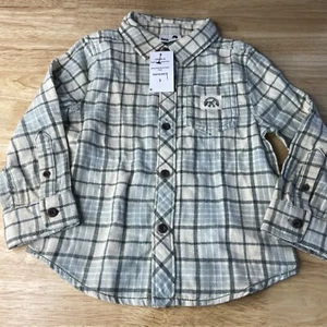 COTTON:ON KIDS Unisex Stone/Swag Green Plaid Flannel Rugged LS Shirt Size 3 NWT - Picture 1 of 7