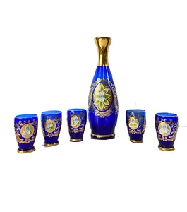 Antique Set of 6 Glass Gold Flower Petal Leaf Decanter Mini Glasses Barware Blue - Picture 1 of 8