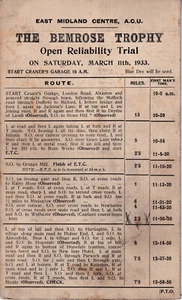 EAST MIDLAND CENTER A.C.U BEMROSE OPEN RELIABILITY TRAIL MARCH 1933 ROUTE CARD - Picture 1 of 2