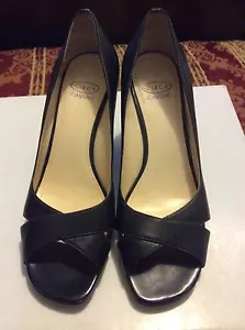 YOU CAN IT NOW) Circa Joan & David Black Wedge Leather Shoes 8M Peep Toe - Picture 1 of 7