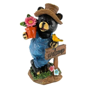 Country Bear Holding Flower Pot leaning on Welcome Sign Figurine 6.5 Inch New - Picture 1 of 8