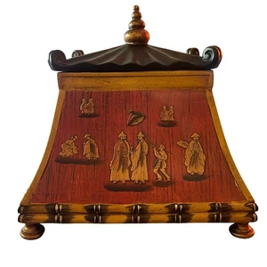 Asian Inspired Pagoda Trinket Box Decorative Lidded Container Red Gold Accent 8" - Picture 1 of 7