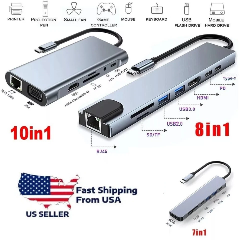 USB Type C Hub Ethernet Multiport Adapter For MacBook Pro/Air iPad Pro Laptop US - Image 1 of 1
