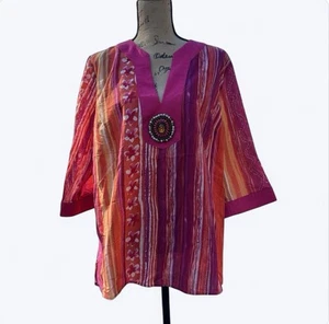 Kim Rogers Tunic Top Blouse Womens Size 1X Beaded Medallion Beachy Artsy Floral - Picture 1 of 10