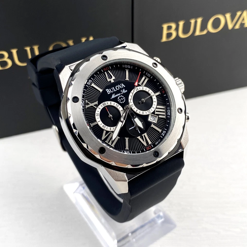 Bulova Marine Star 44mm Black Dial Silver Case Black Strap Men's Watch 98B127 - Image 1 of 4