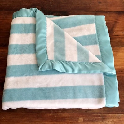 Manta de bebé Carters OS turquesa a rayas color blanco aguamarina borde satinado 38 x 29 Foto 1 de 4