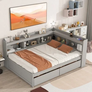 Twin/Full Bed with Storage Drawers and L-Shaped Bookcases, - Picture 1 of 15