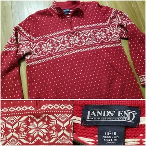 Lands End Snowflake Holiday Sweater Womens L 14-16 Quarter Zip Red Winter Ski  - Picture 1 of 9