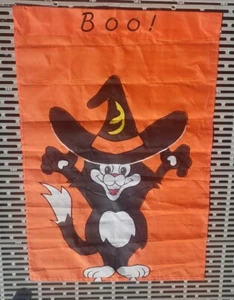 Halloween Garden Flag/Banner "BOO" Black Cat With Hat 2 Sided 24X36 VG - Picture 1 of 8