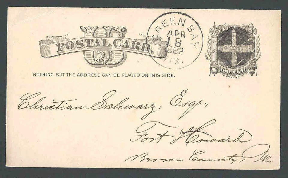 1882 UX7 W/+Sign Cancel Green Bay Wi - Image 1 of 1