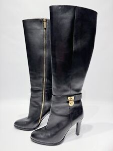 Michael Kors Black Leather Tall Heeled Boot Side Zip Lock Charm Women’s Size 7