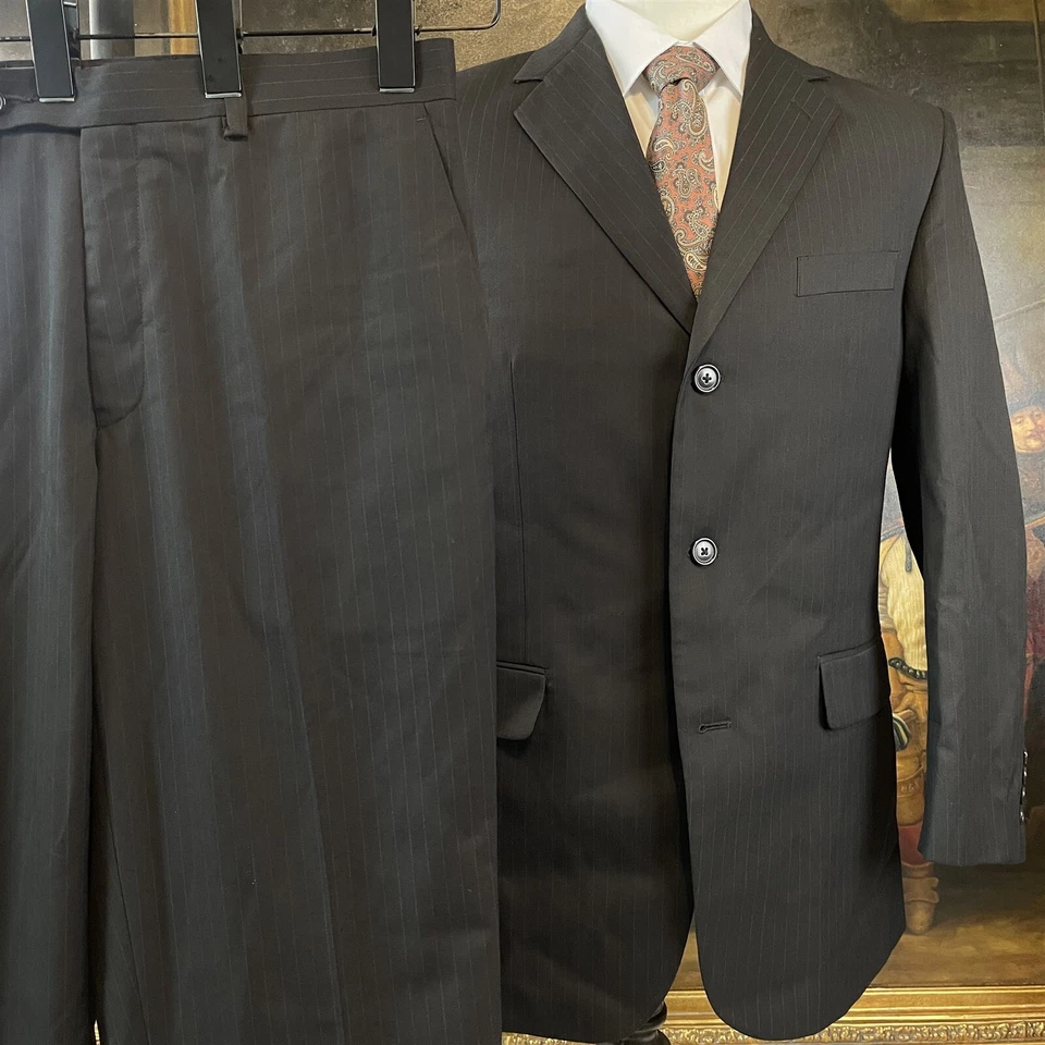 Van Heusen 38R 32 x 30 2 Piece Espresso Brown Pinstriped 3 Button Suit - Image 1 of 4