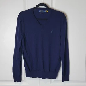 Polo Ralph Lauren Men's Sz L 100% Wool Pullover Sweater V Neck Blue Horse Logo - Picture 1 of 11