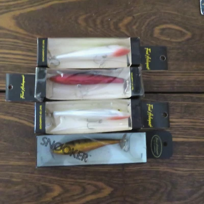 Lote de 4 señuelos vintage de madera Fred Arbogast Phred's Phydeaux Snooker 4" Topwater Foto 1 de 4