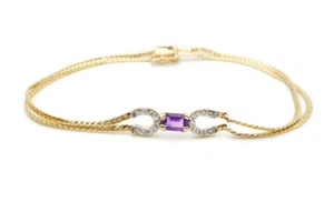 14k Yellow Gold Amethyst Diamond Bracelet Horseshoe 7.25" - Picture 1 of 8